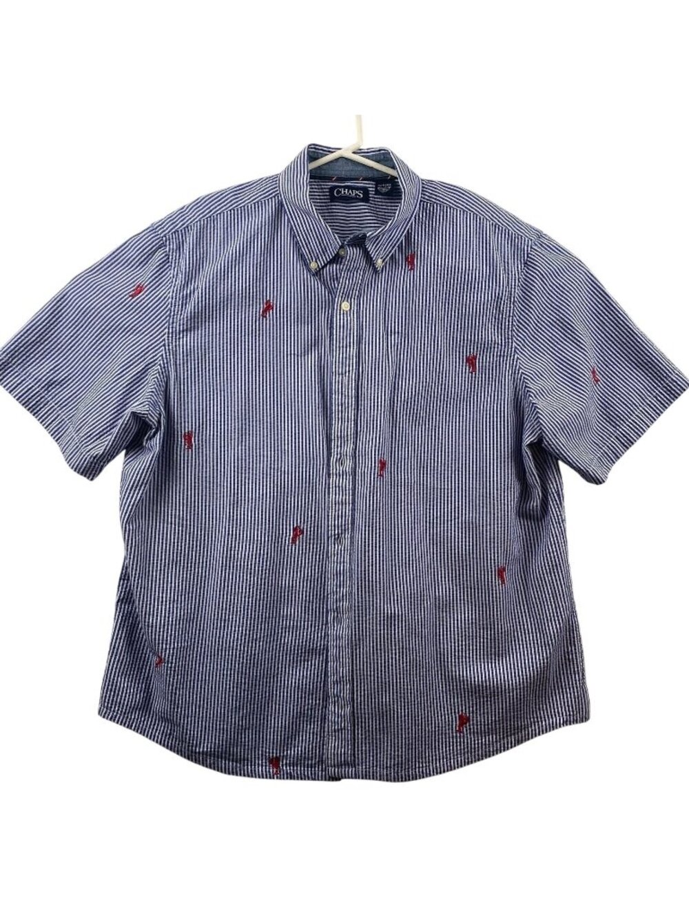 Chaps Mens Shirt Size XL Blue Seersucker Embroidered Lobster Short Sleeve Cotton